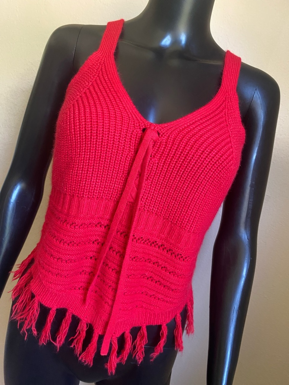 Red Knit Fringe Tank Top